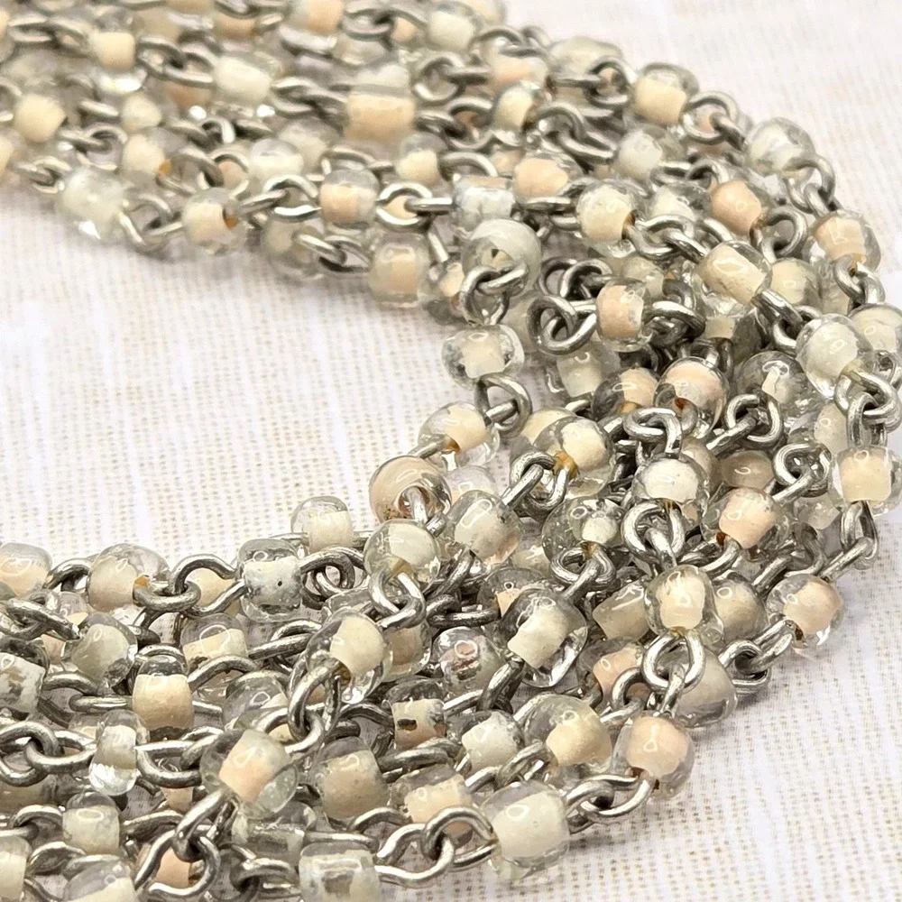 Vintage Handmade Silver Tone Multi Strand Necklace Cream‎ Clear Glass Seed Bead